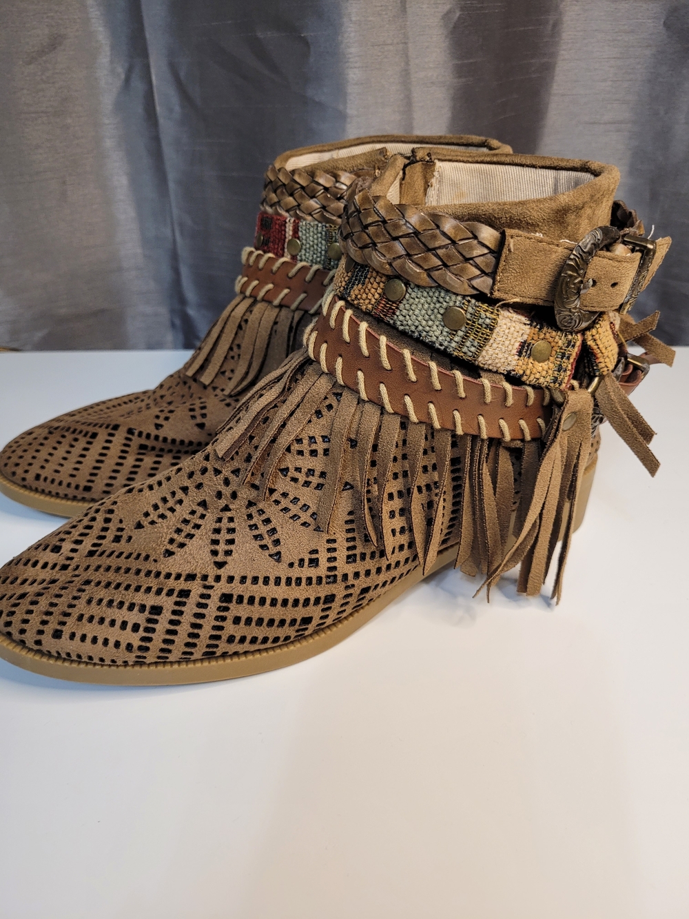 Okeysi Boho Fringe Cut-Out Ankle Brown Booties - EU 37 (US 6.5)